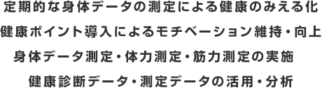 定期的な身体データの測定による健康のみえる化 健康ポイント導入によるモチベーション維持・向上 身体データ測定・体力測定・筋力測定の実施 健康診断データ・測定データの活用・分析